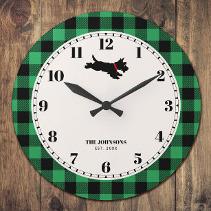 Scottie Dog Plaid Custom Name Green Large Clock
