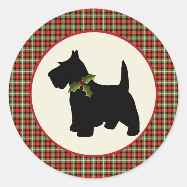 Scottie Dog Scotch Plaid Christmas Classic Round Sticker (Front)