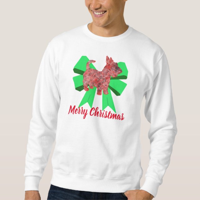 Scottie Dog Silhouette Green Bow Christmas Sweatshirt (Front)