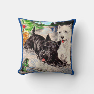 Scottie dogs Blackie and Whitie fishing print Cushion