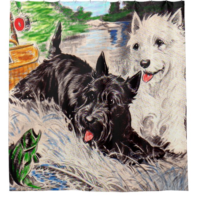 Scottie dogs Blackie and Whitie fishing Shower Curtain (Front)