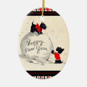 Scottie dogs Happy New Year Ceramic Tree Decoration