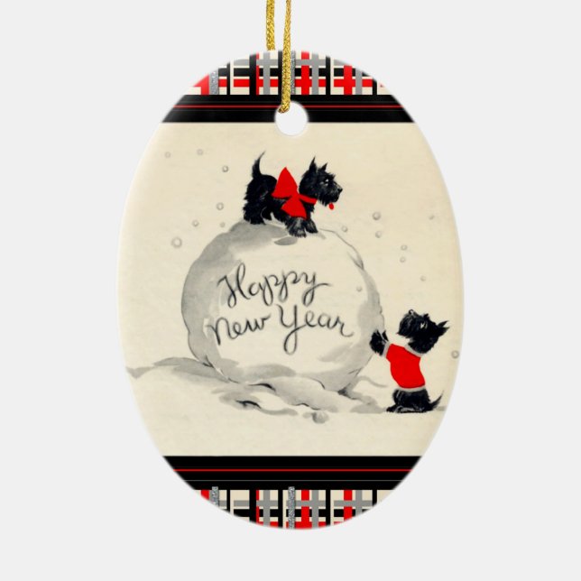 Scottie dogs happy new year ceramic tree decoration (Back)