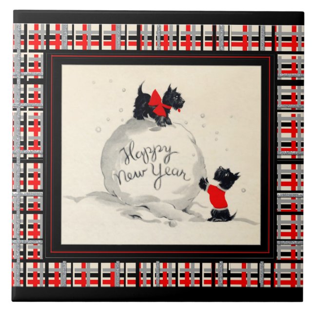 Scottie dogs Happy New Year Tile (Front)