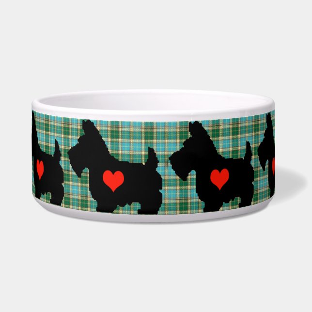 Scottie Heart Tartan Dog Bowl (Front)