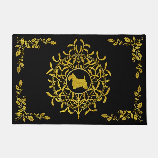 Scottie Mistletoe & Holly Personalise Doormat (Front)