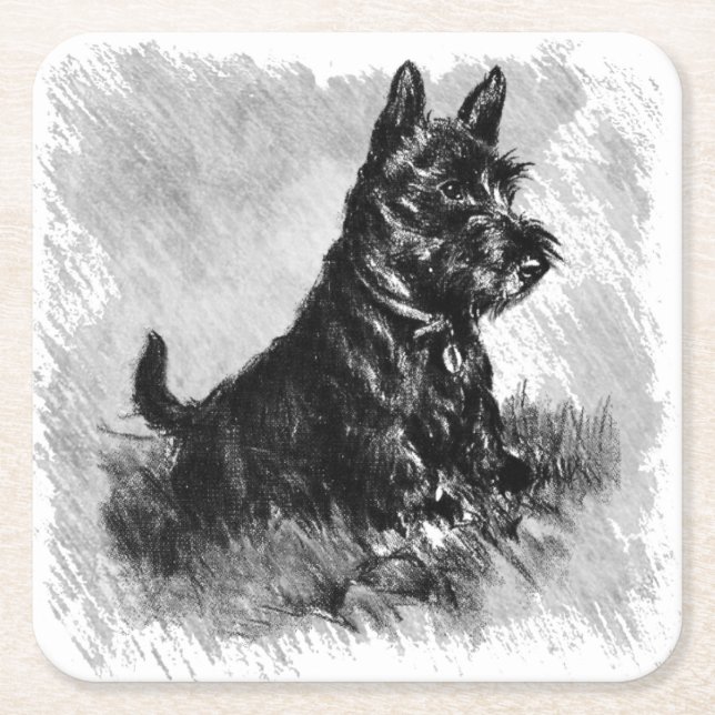 Scottie Puppy Charcoal Style Print Square Paper Coaster (Front)
