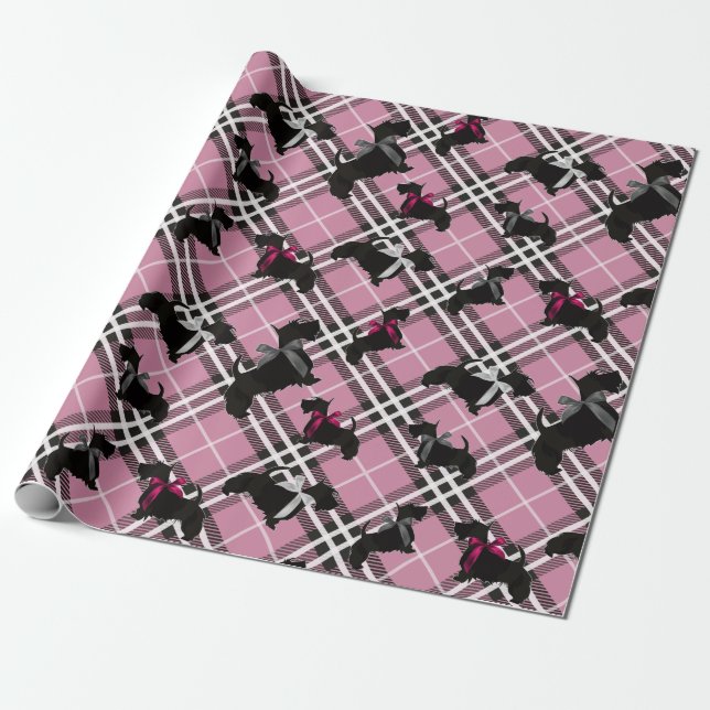 Scottie Scottish Terrier Dog Pink Plaid Wrapping Paper (Unrolled)