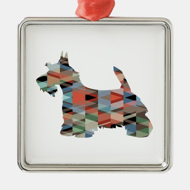 Scottie Terrier Geometric Pattern Silhouette Plaid Metal Tree Decoration (Front)