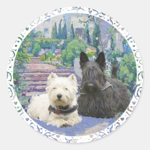Scottie & Westie in Cosy Garden Classic Round Sticker