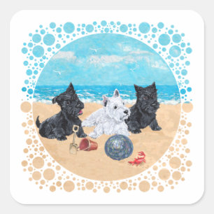 Scottie & Westie Pups at the Beach Square Sticker