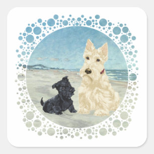 Scotties at the Beach, Wheaten & Black Pup Square Sticker