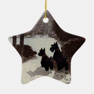 Scotties on Surreal Winter Night Ceramic Tree Decoration