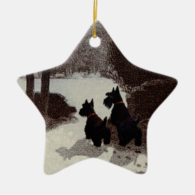 Scotties on Surreal Winter Night Ceramic Tree Decoration (Front)
