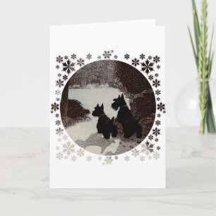 Scotties on Surreal Winter Night Holiday Card
