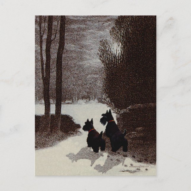 Scotties on Surreal Winter Night Postcard (Front)