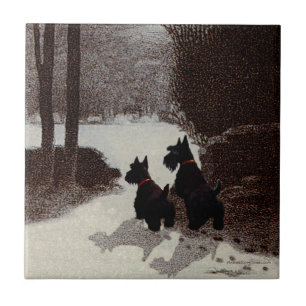 Scotties on Surreal Winter Night Tile