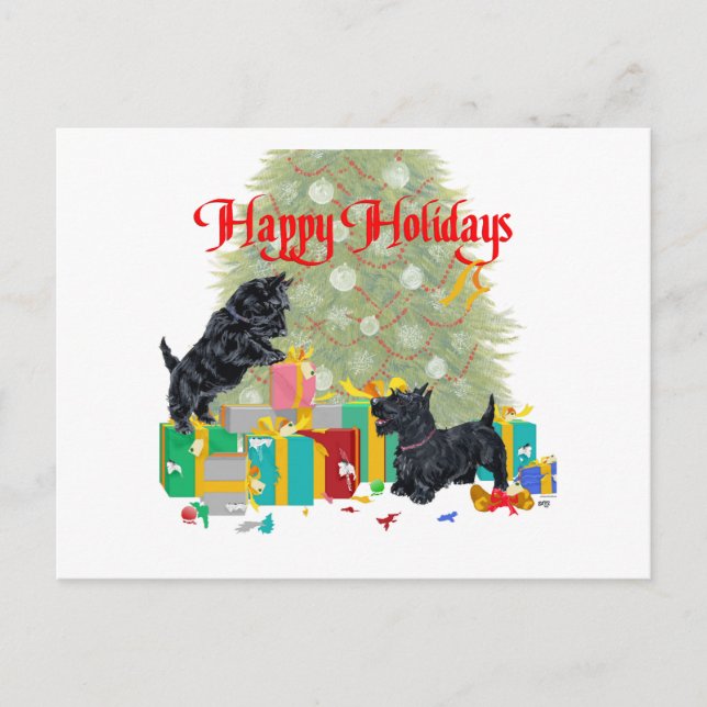 Scotties Sort the Christmas Gifts Holiday Postcard (Front)