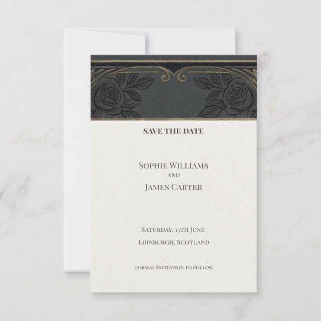 Scottish Black Floral Save the Date Card (Front)