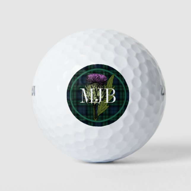 Scottish Black Watch TartanThistle Monogram Golf Balls (Front)