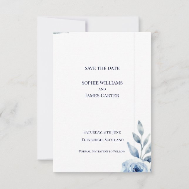 Scottish Blue Leaf Botanical Minimal Wedding Save The Date (Front)