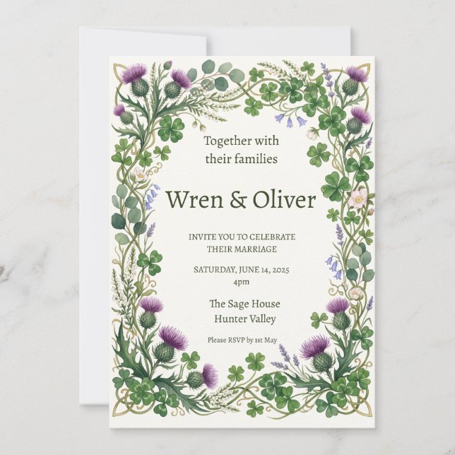 Scottish Botanical Wreath Wedding Invitation | Thi (Front)