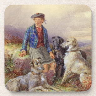 Scottish boy with wolfhounds in a Highland landsca Coaster