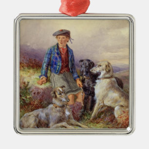 Scottish boy with wolfhounds in a Highland landsca Metal Tree Decoration