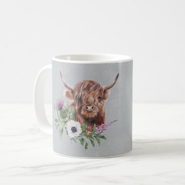 Scottish Brown Highland Cow Floral Personalised Coffee Mug (Front Left)