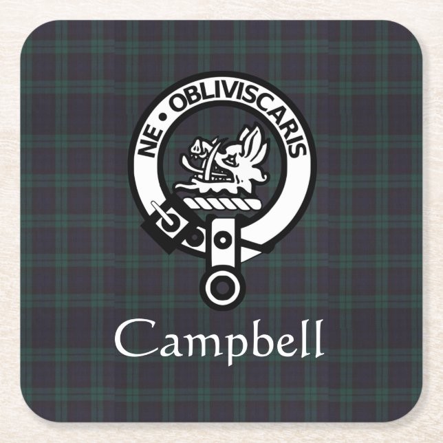 Scottish Campbell Crest Badge & Tartan  Square Paper Coaster (Front)