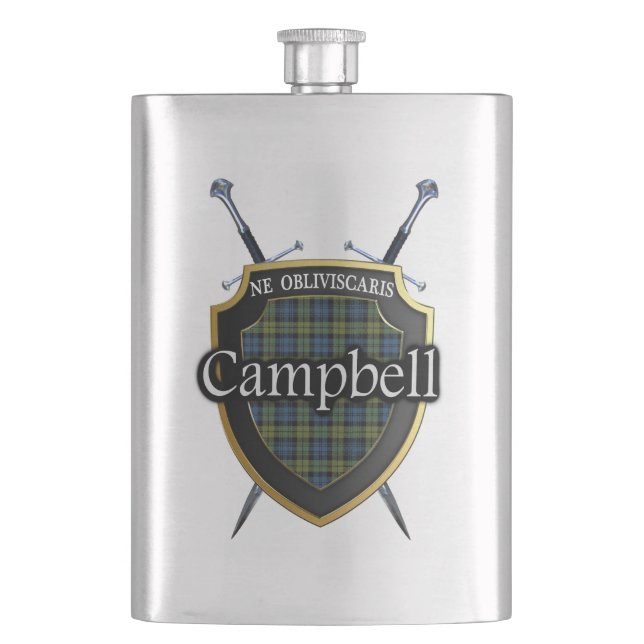 Scottish Campbell Tartan Shield and Swords Hip Flask (Front)