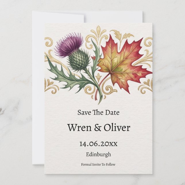 Scottish Canadian Maple Thistle Save the Date Card (Front)