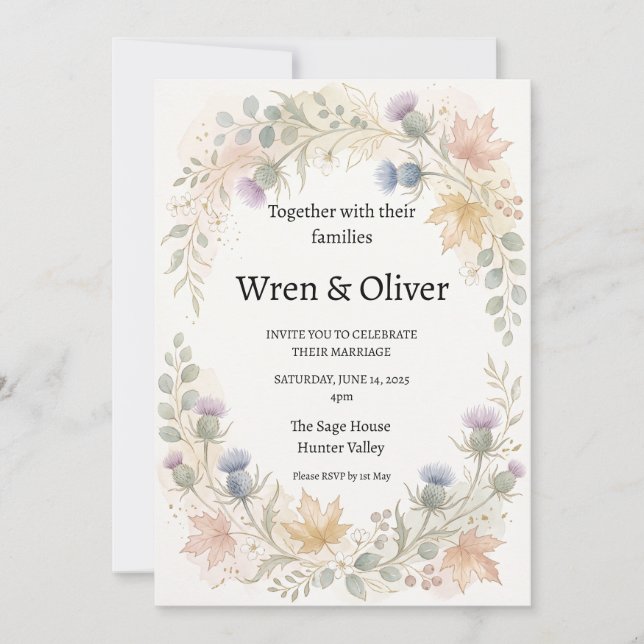 Scottish Canadian Maple Thistle Wedding Invitation (Front)