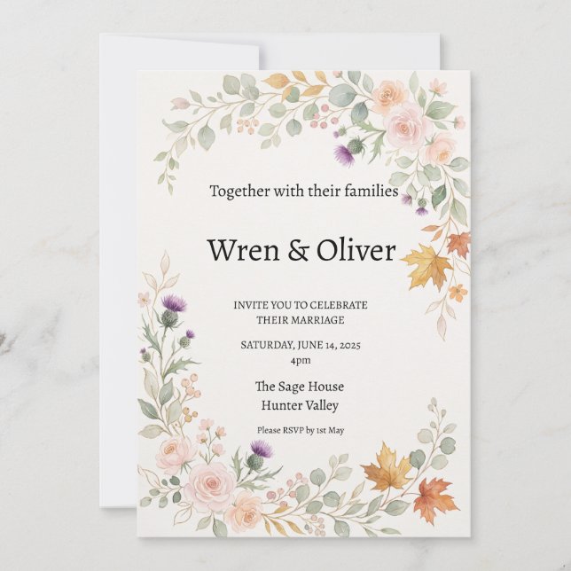 Scottish Canadian Maple Thistle Wedding Invitation (Front)