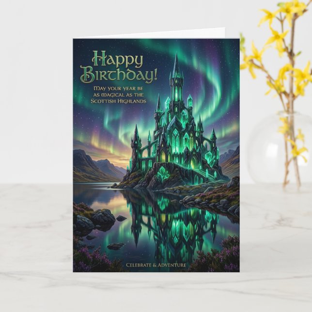 Scottish Castle Northern Lights Birthday Card (Yellow Flower)