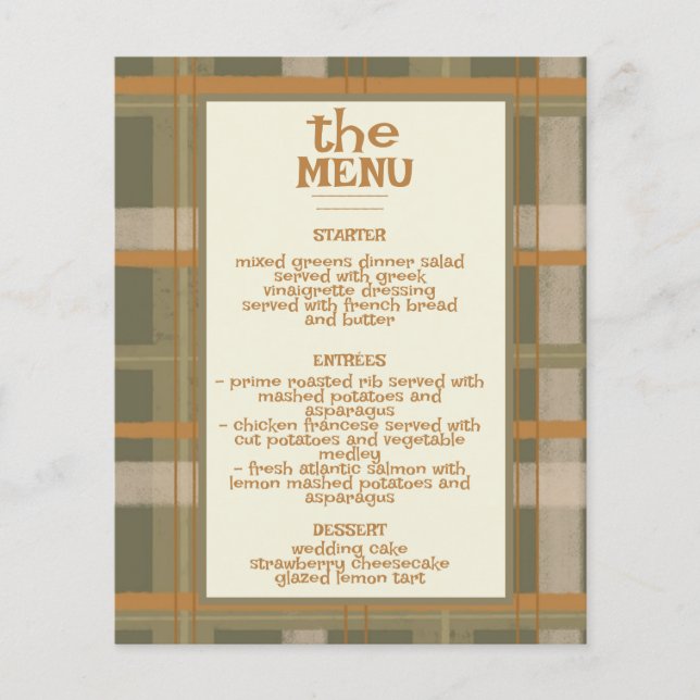Scottish Celtic Tartan Pattern Wedding Menu (Front)