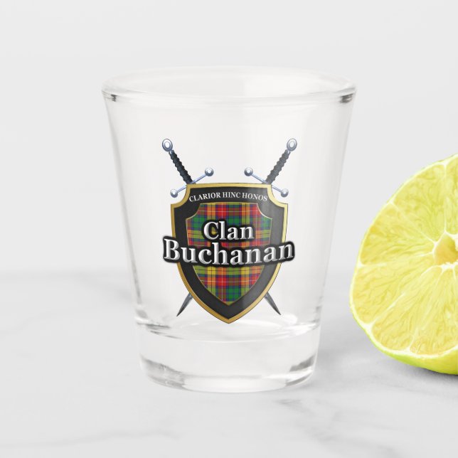 Scottish Cheers Clan Buchanan Tartan Shield Shot Glass (Front)