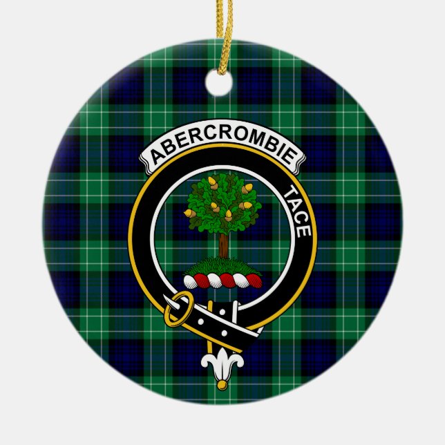 Scottish Clan Abercrombie Hunting Tartan and Crest Ceramic Tree Decoration (Front)