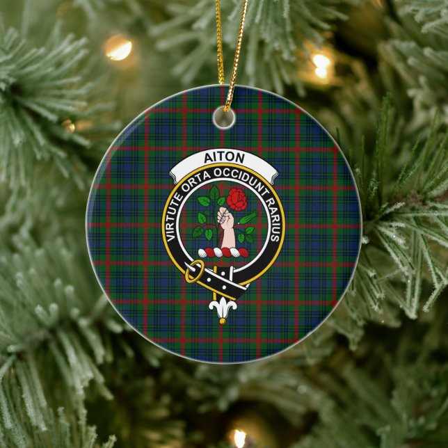 Scottish Clan Aiton Tartan and Crest Ceramic Tree Decoration (Tree)