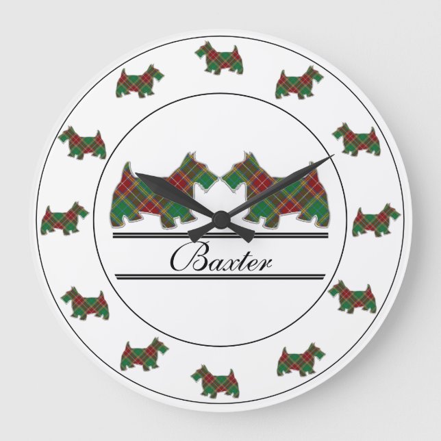 Scottish Clan Baxter Tartan Plaid Scottie Dogs Large Clock (Front)