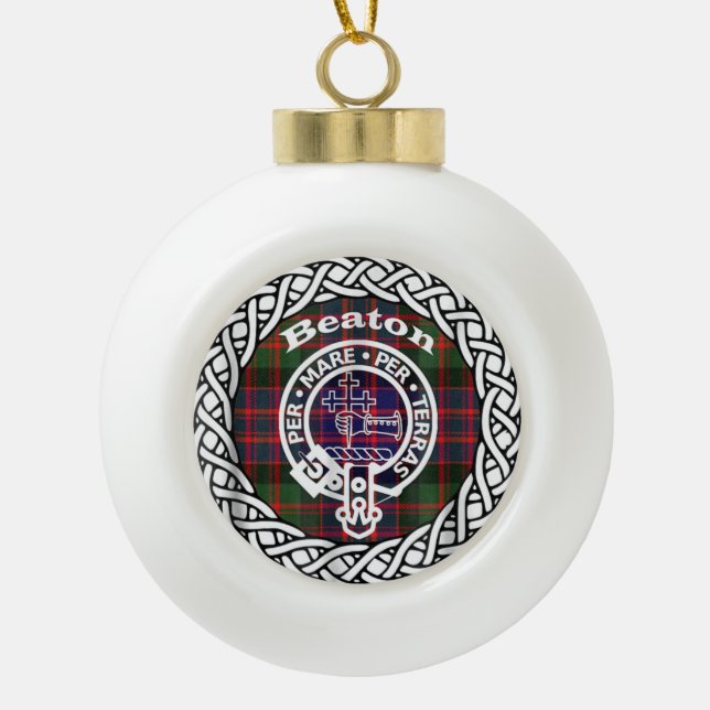 Scottish Clan Beaton Tartan and Crest Ceramic Ball Christmas Ornament (Front)