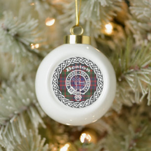 Scottish Clan Beaton Tartan and Crest Ceramic Ball Christmas Ornament