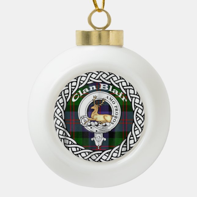 Scottish Clan Blair Old Tartan and Crest Ceramic Ball Christmas Ornament (Front)