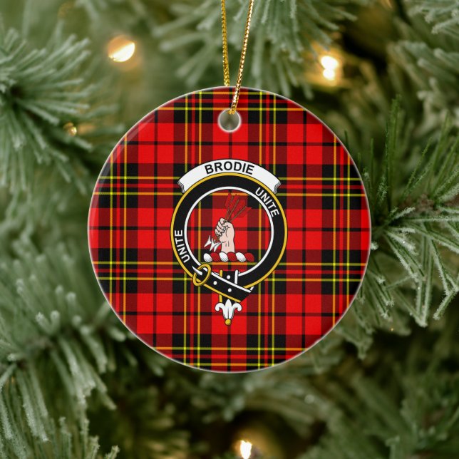 Scottish Clan Brodie Modern Tartan and Crest Ceramic Tree Decoration (Tree)