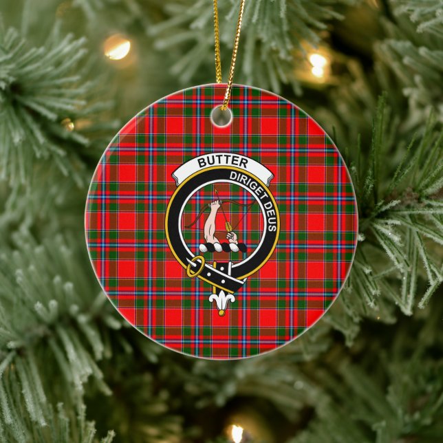 Scottish Clan Butter Check Tartan and Crest Ceramic Tree Decoration (Tree)