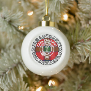 Scottish Clan Chisholm Tartan and Crest Ceramic Ball Christmas Ornament