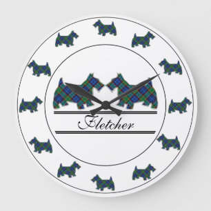Scottish Clan Fletcher Tartan Plaid Scottie Dogs Large Clock