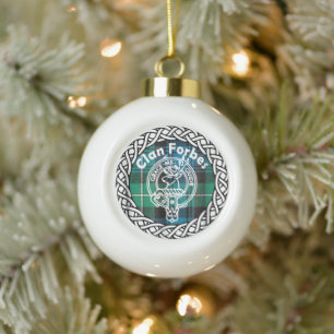 Scottish Clan Forbes Tartan and Crest Ceramic Ball Christmas Ornament
