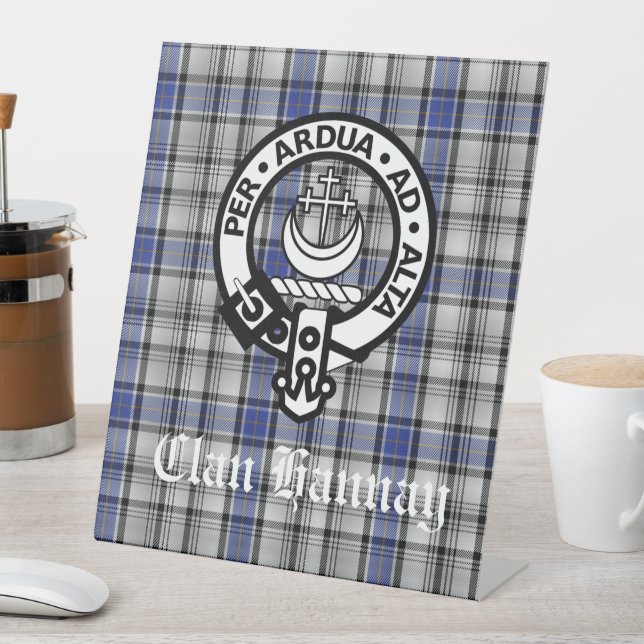 Scottish Clan Hannay Crest Badge and Tartan Custom Pedestal Sign (In SItu)