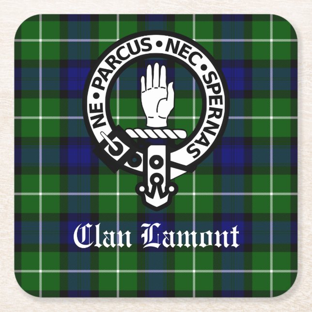 Scottish Clan Lamont Crest Badge and Tartan Square Paper Coaster (Front)